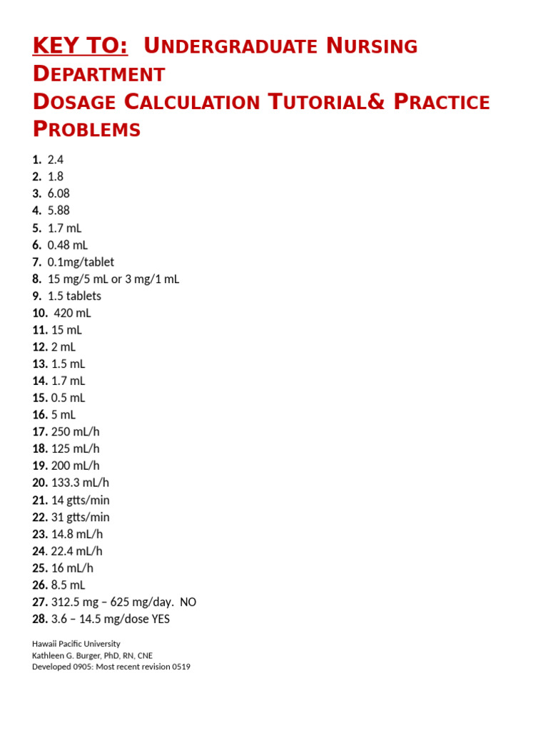 KEY To Dosage Calculation Tutorial Practice Problems | PDF