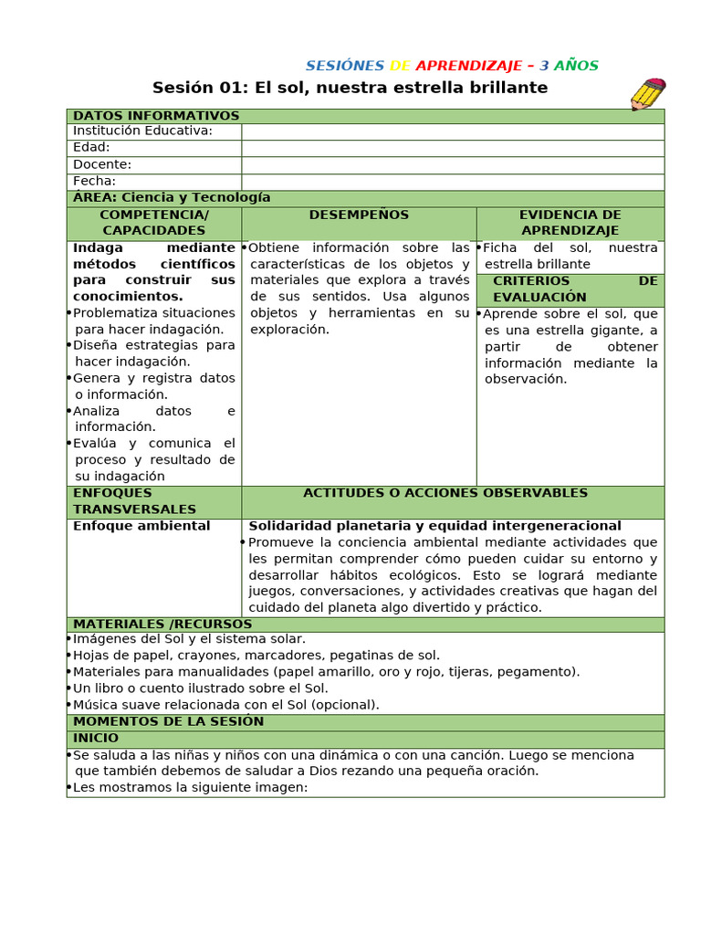 Sesion de Aprendizaje 3 Años Proyecto 5 Sem 1 | PDF | Aprendizaje ...
