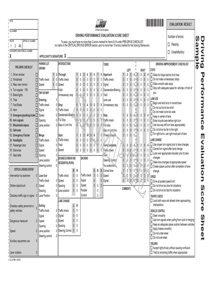 Driving Performance Evaluation Score Sheet Sample | PDF | Traffic | Lane