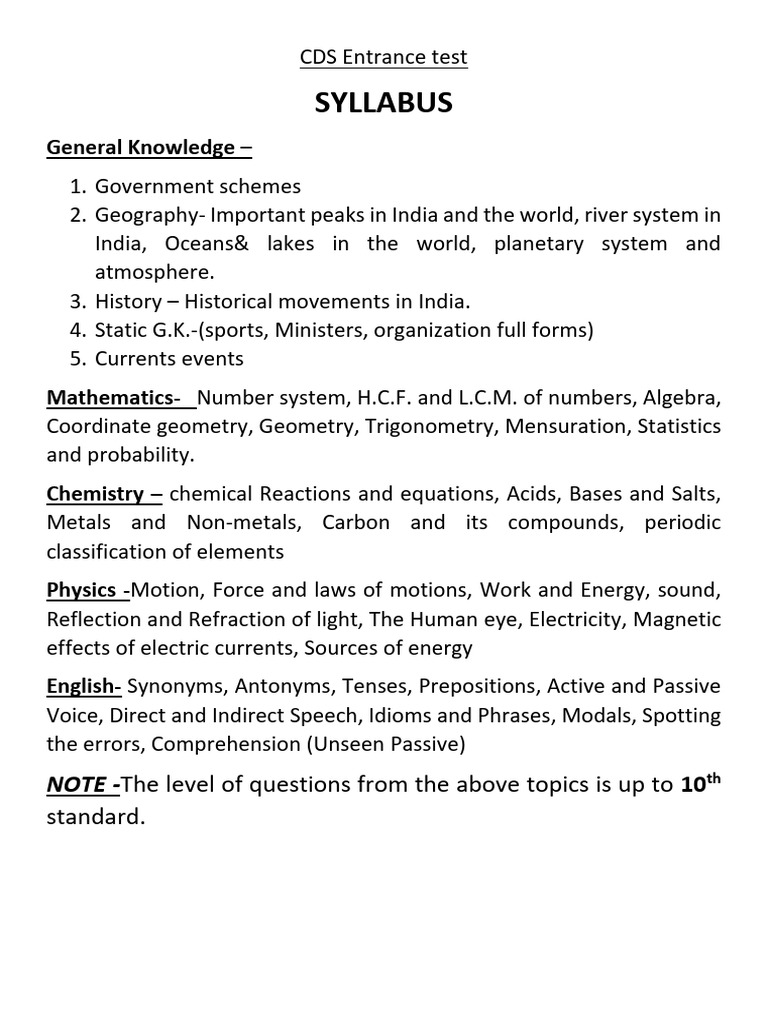CDS Entrance Exam Syllabus Sample Paper 2025 | PDF | Chlorine ...