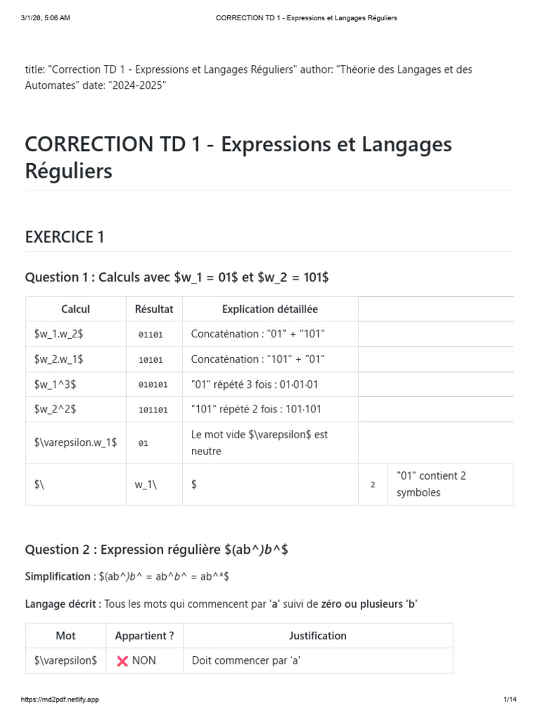 CORRECTION TD 1 - Expressions Et Langages Réguliers | PDF | Métalogique ...
