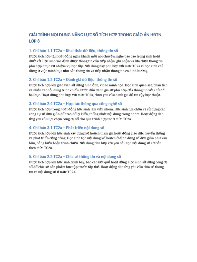Giai Trinh Nang Luc So HDTN Lop 8 | PDF