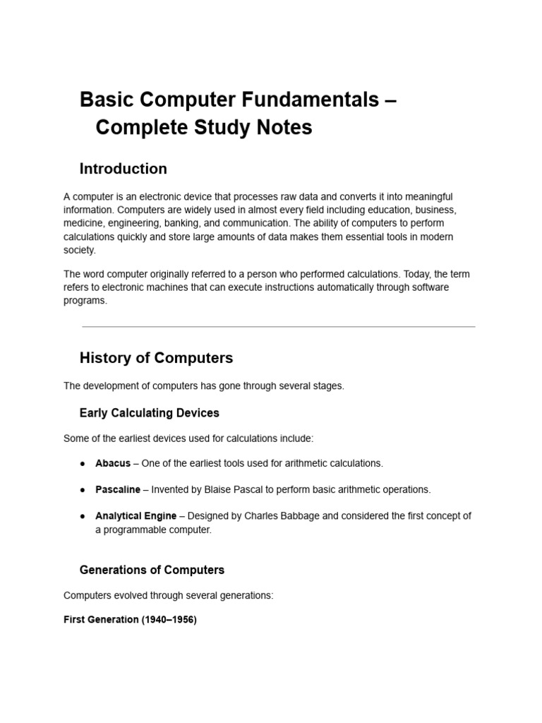 Basic Computer Fundamentals - Complete Study Notes | PDF | Computer ...