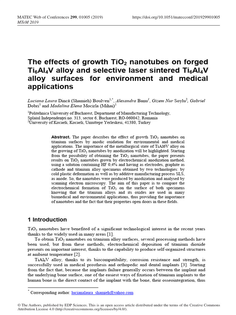 The Effects of Growth TiO 2 Nanotubes on Forged Ti | PDF