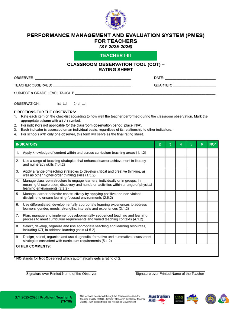 Annex E-2_COT Rating Sheet for Beginning towards Proficient Teacher (TI ...