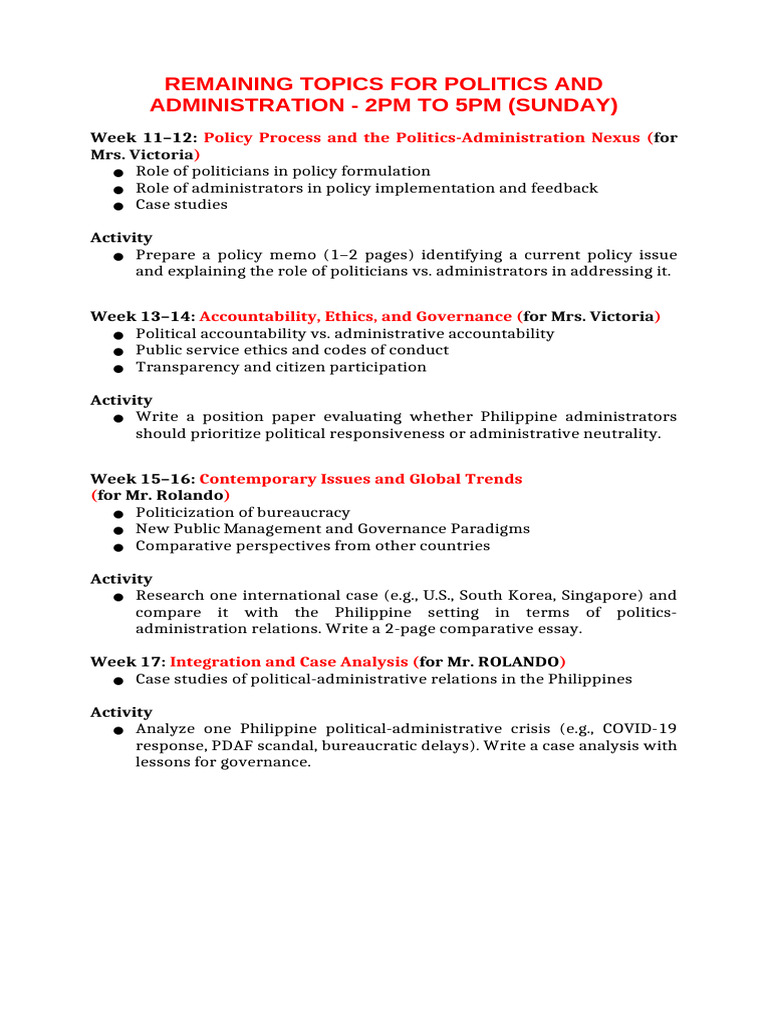 Remaining Topics for (Introdpa, Pubperad and Politics and ...