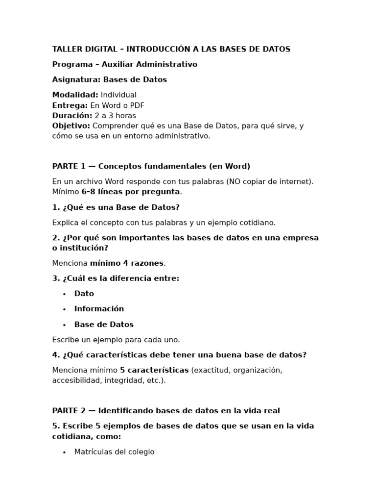 Taller Introduccion a Las BD (1) | PDF | Bases de datos | Microsoft Excel