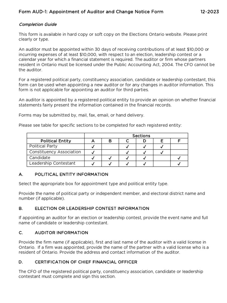 Form AUD-1 Appointment of Auditor and Change Notice Form | PDF | Chief ...
