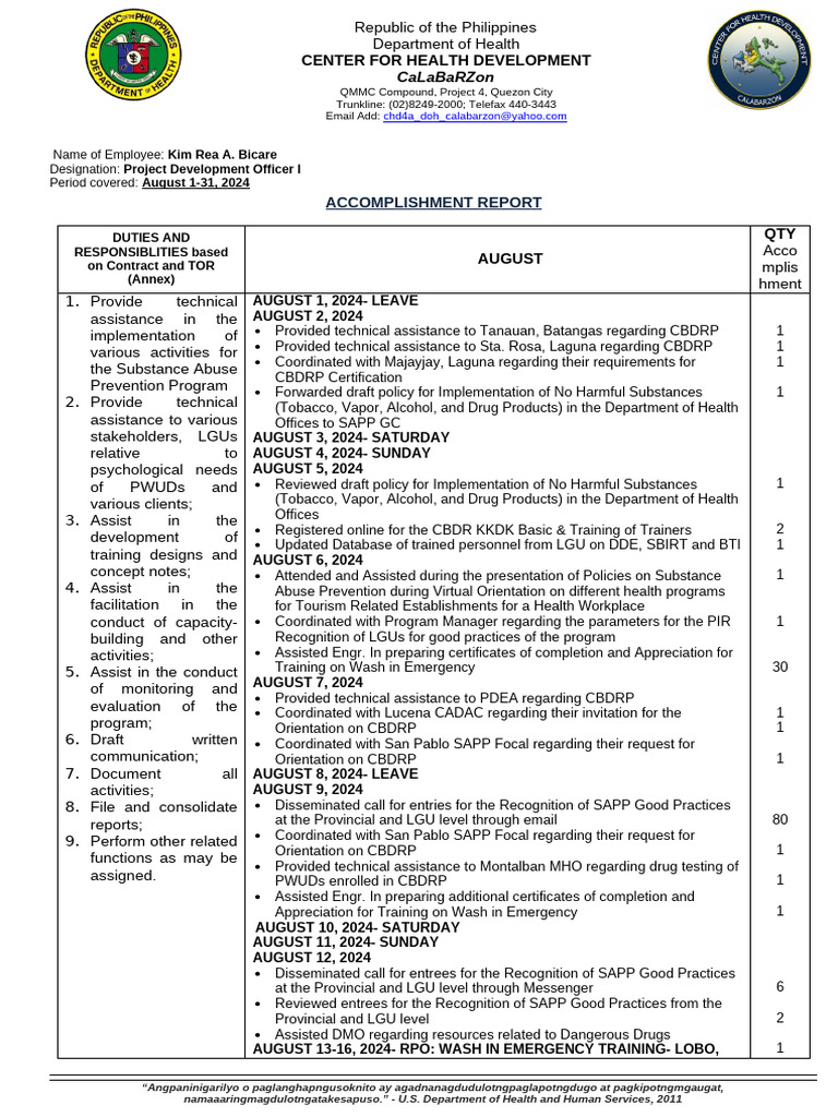 Accomplishment Report Aug 2024 | PDF