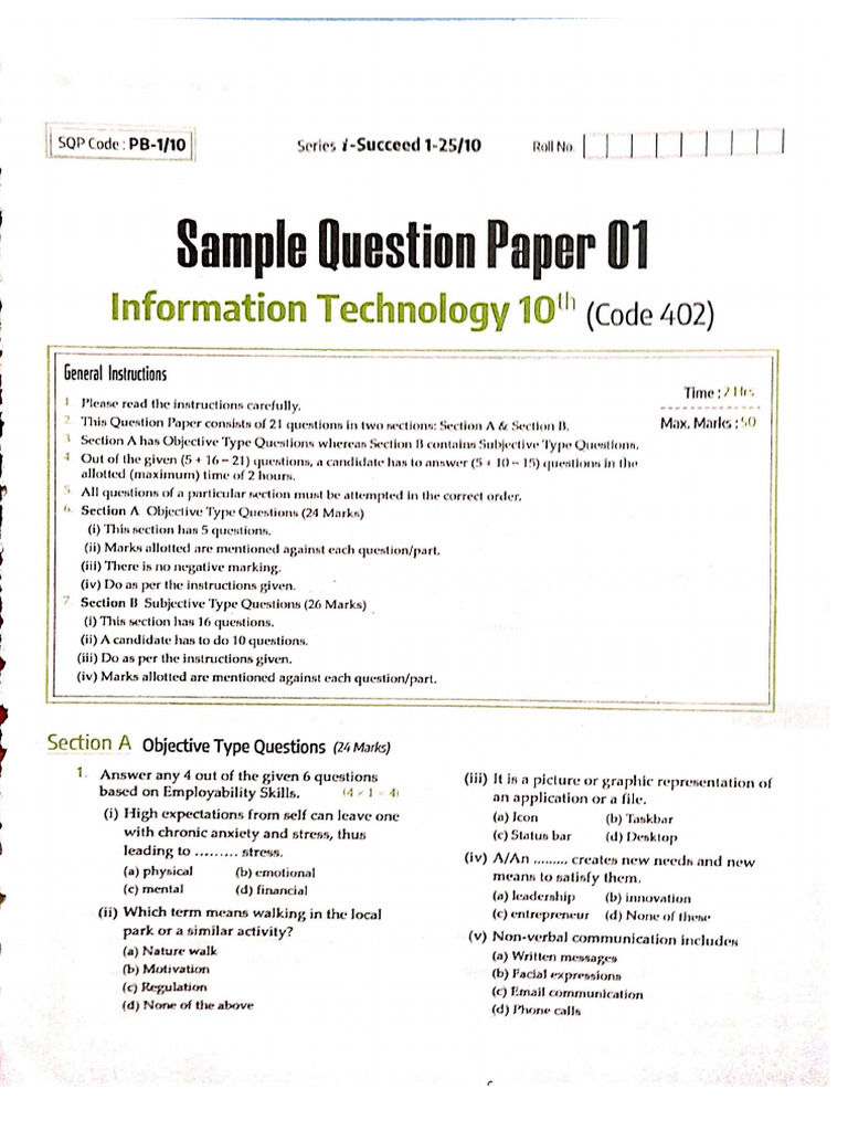 Sample Paper 1 IT Class 10 -1 | PDF