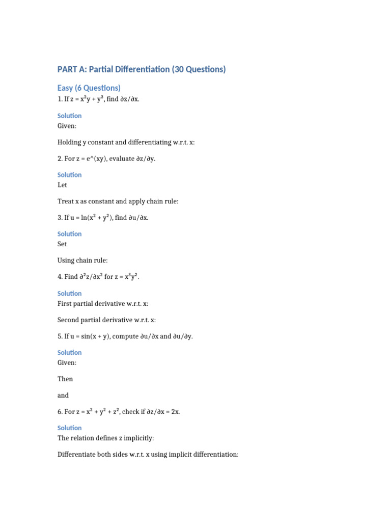 Partial Differential 30 Ques | PDF | Derivative | Differential Calculus