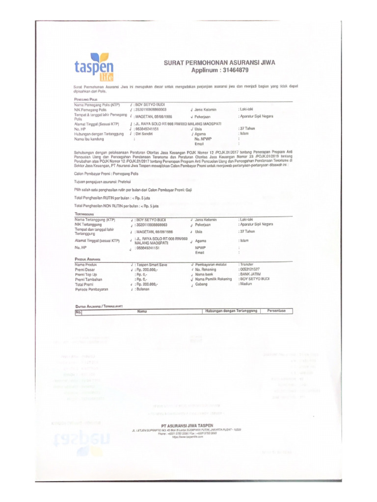 Contoh Pengisian Spaj | PDF