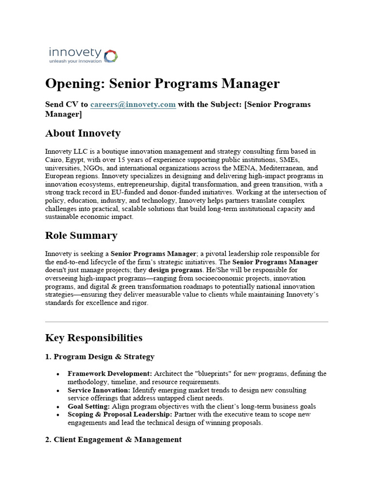 Job Description Senior Programs Manager | PDF | Innovation | Leadership