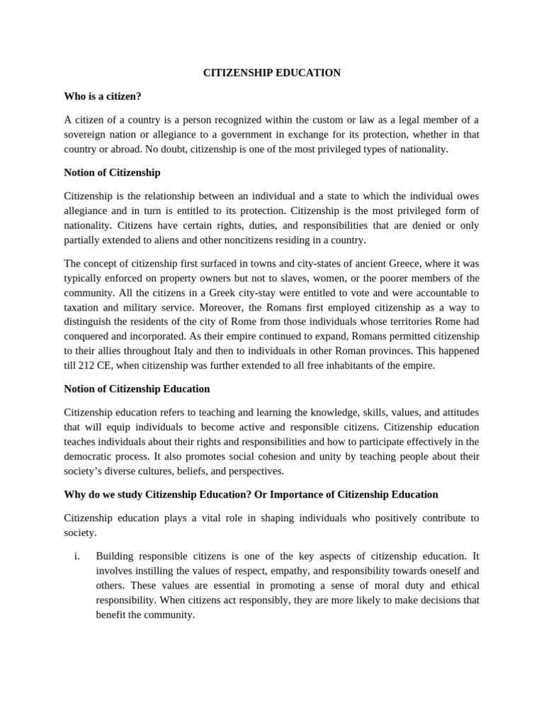 HND Notes On Civics | PDF | Naturalization | Citizenship