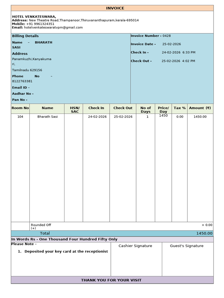 Hotel Bill Format 1 | PDF