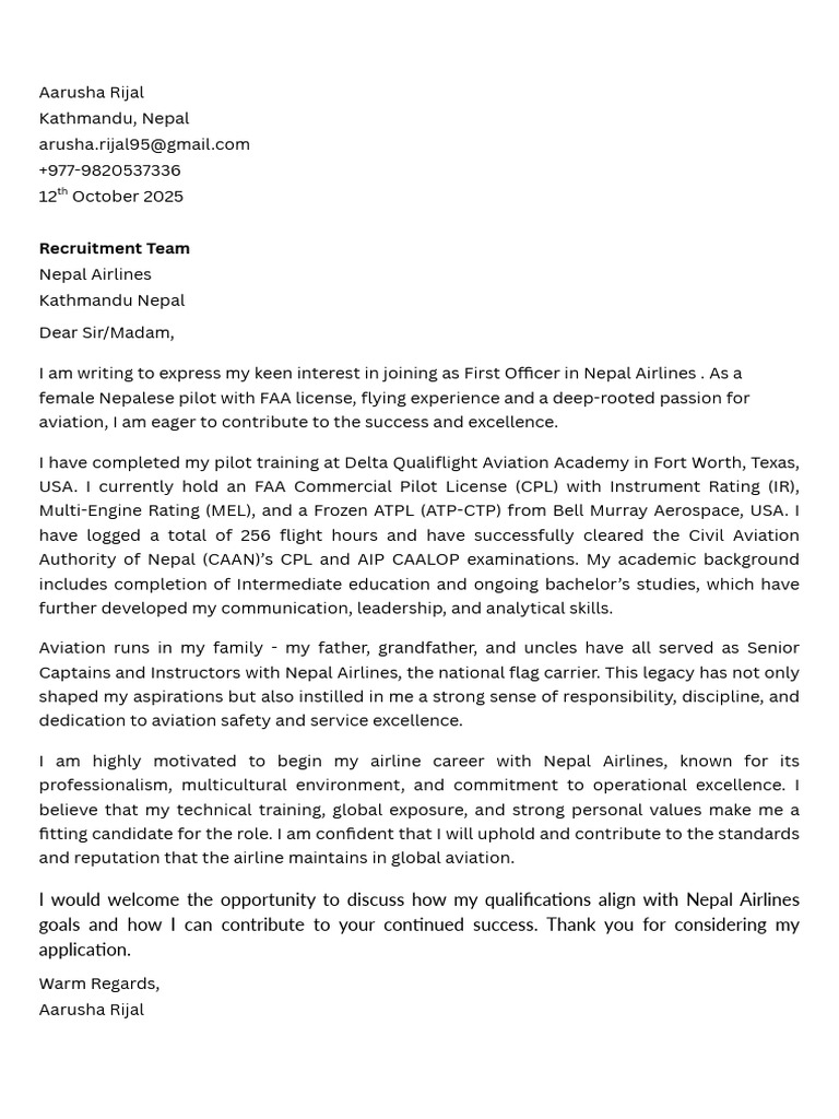 Aarusha Rijal Cover Letter -Danfe Airlines | PDF