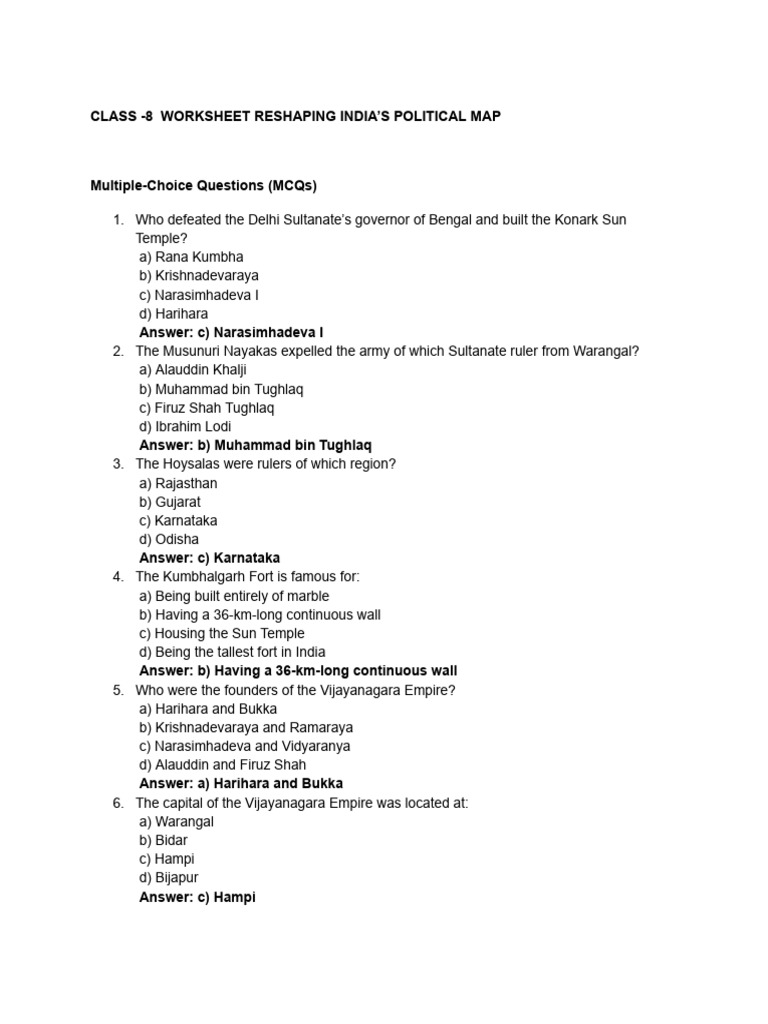 Class - 8 Worksheet Reshaping India'Spolitical Map | PDF