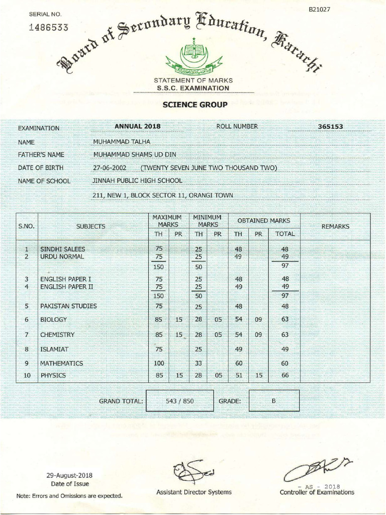 Matric Marksheet | PDF