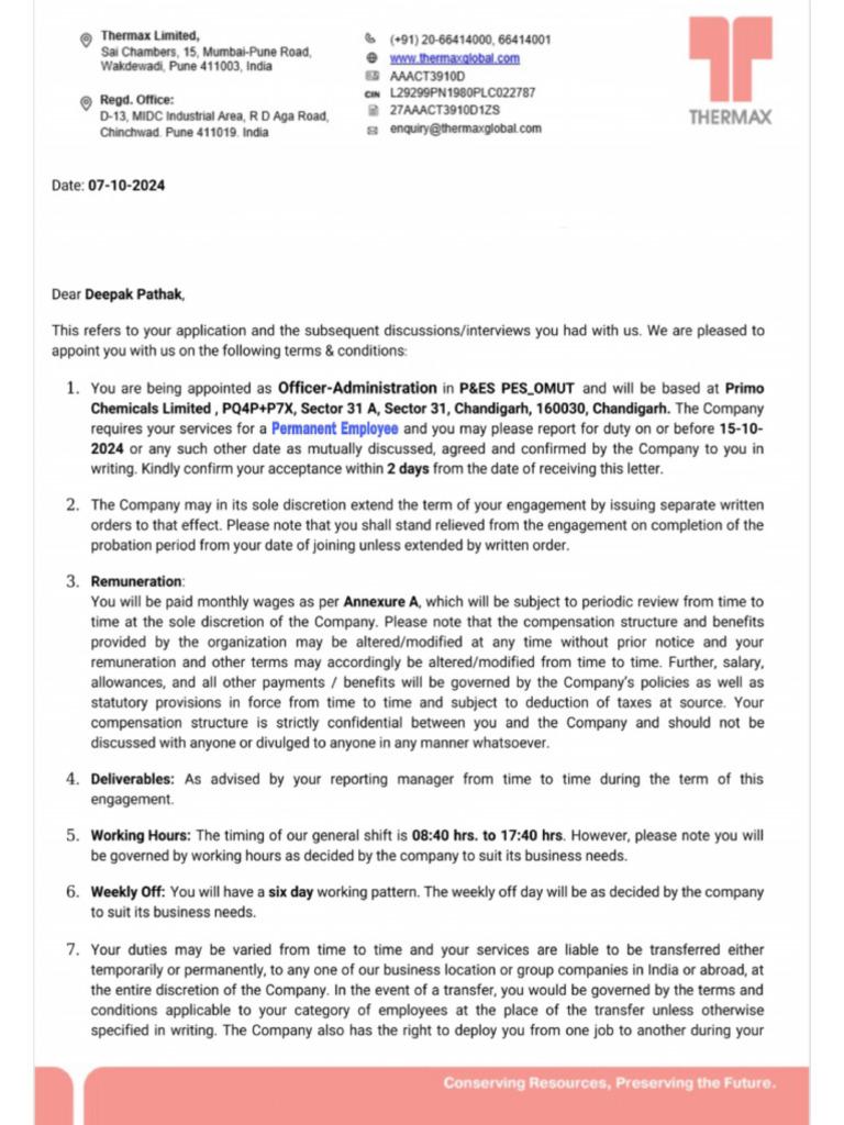 Thermax Offer Letter To Deepak Pathak | PDF