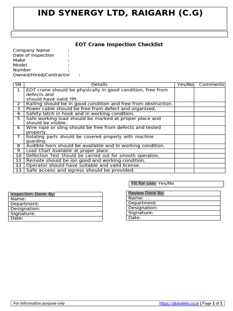 EOT Crane Safety Inspection Checklist Global EHS | PDF