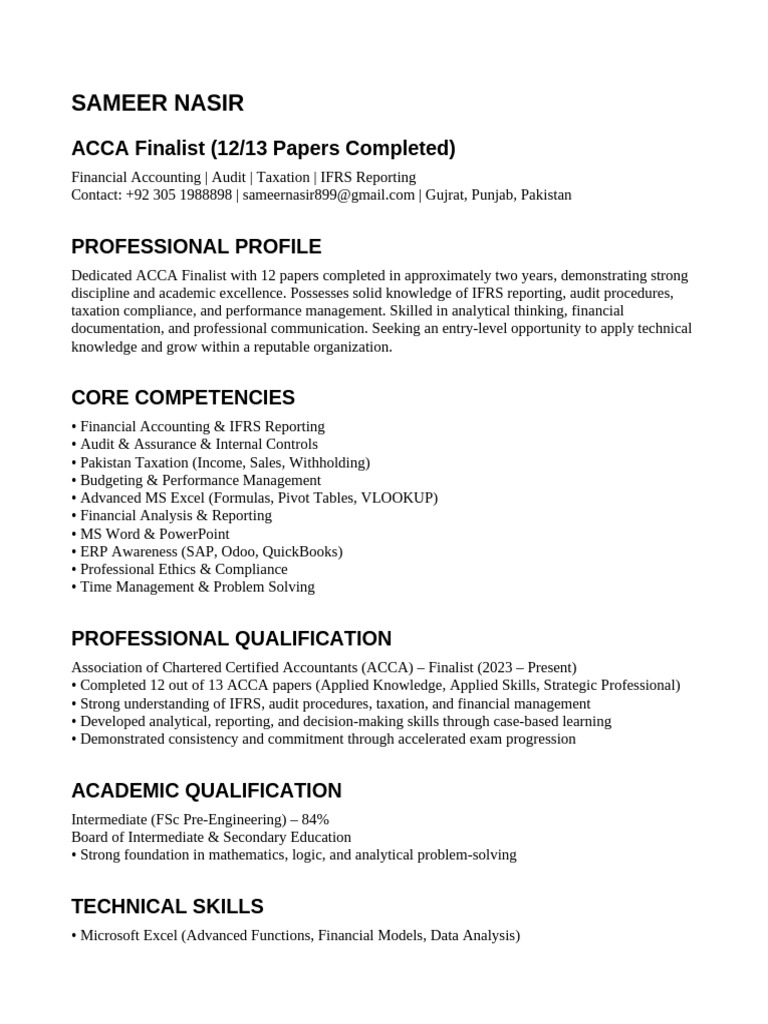 Sameer Nasir Upgraded ACCA CV | PDF