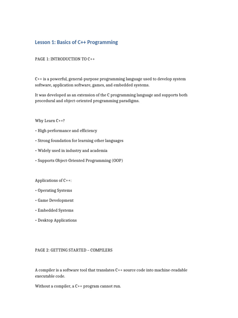 Lesson 1 Basics of CPP 4 Pages | PDF