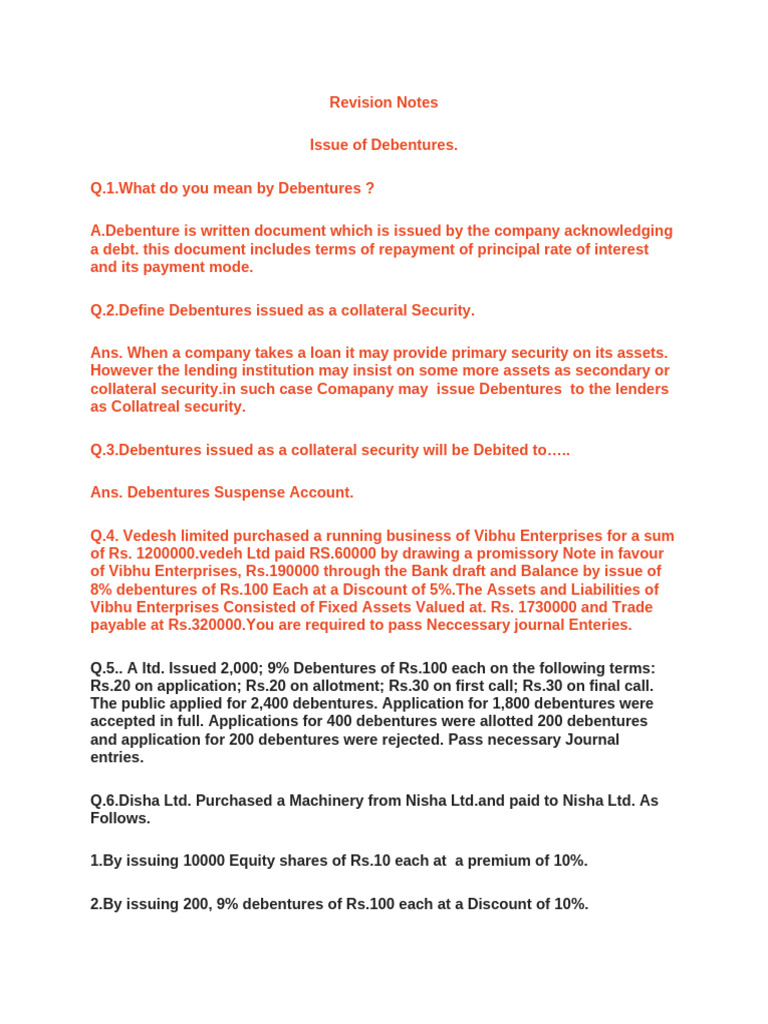 Revision Notes Issue of Debentures (Shahnawaz Sir) | PDF | Debt | Loans