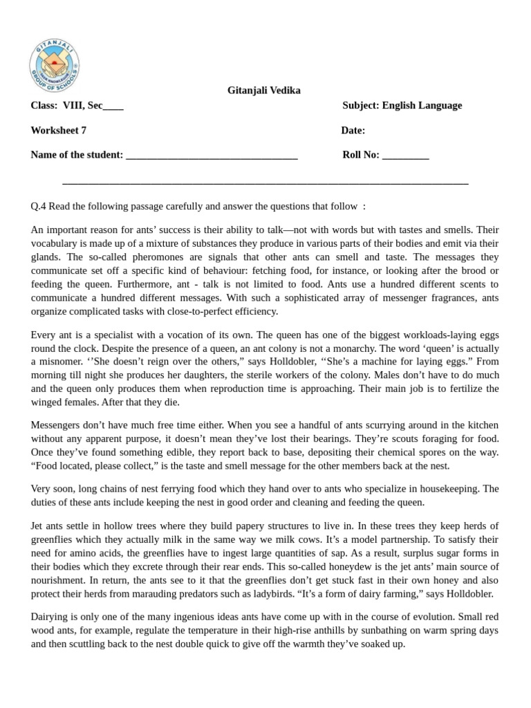 Grammar Worksheet 7 Key | PDF | Ant | Odor