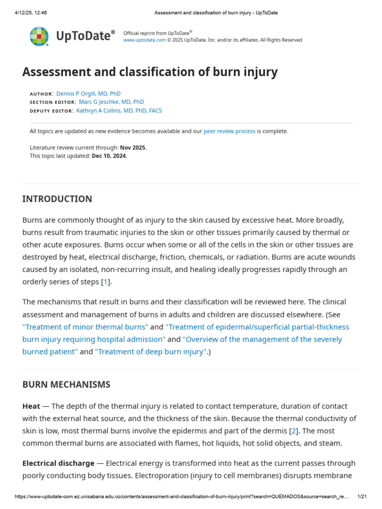Assessment and Classification of Burn Injury - UpToDate | PDF | Burn | Skin
