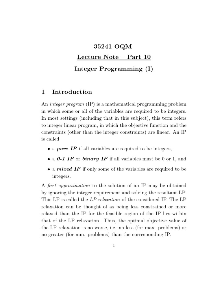 OQM Lecture Note - Part 10 Integer Programming (I) | PDF | Computer ...