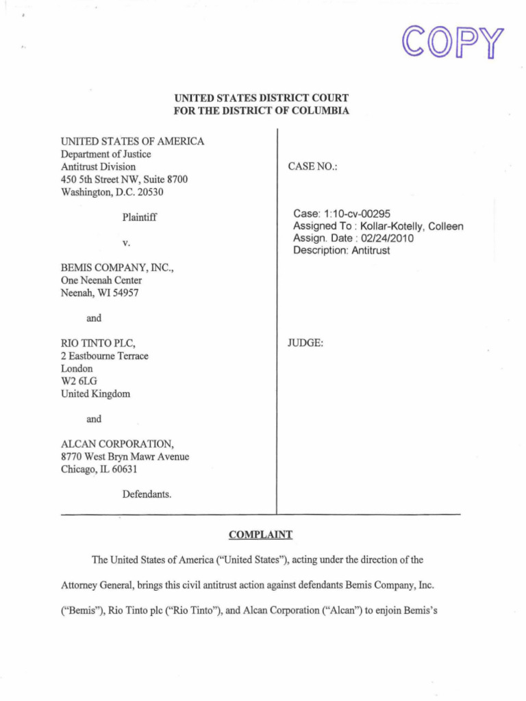 Department Justice Division D.C. Plaintiff: United States District ...