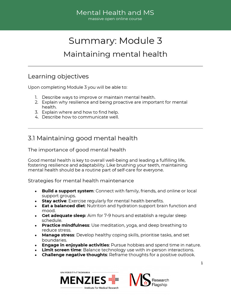 Mental+Health+and+Ms Module+3+Summary Branded | PDF | Psychological ...