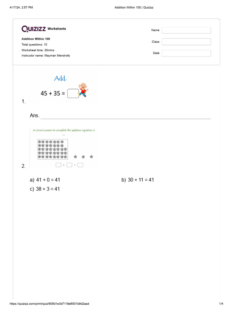 Addition Within 100 | PDF