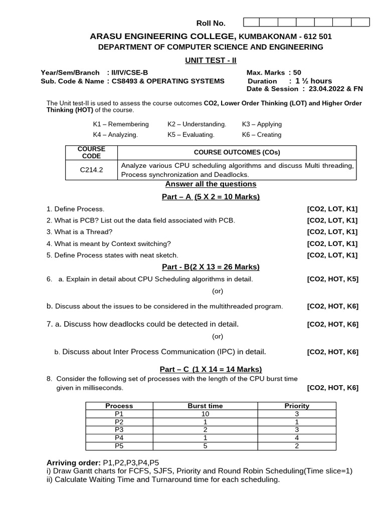 Unit Test-2 OS Question Paper | PDF | Thread (Computing) | Computer Science