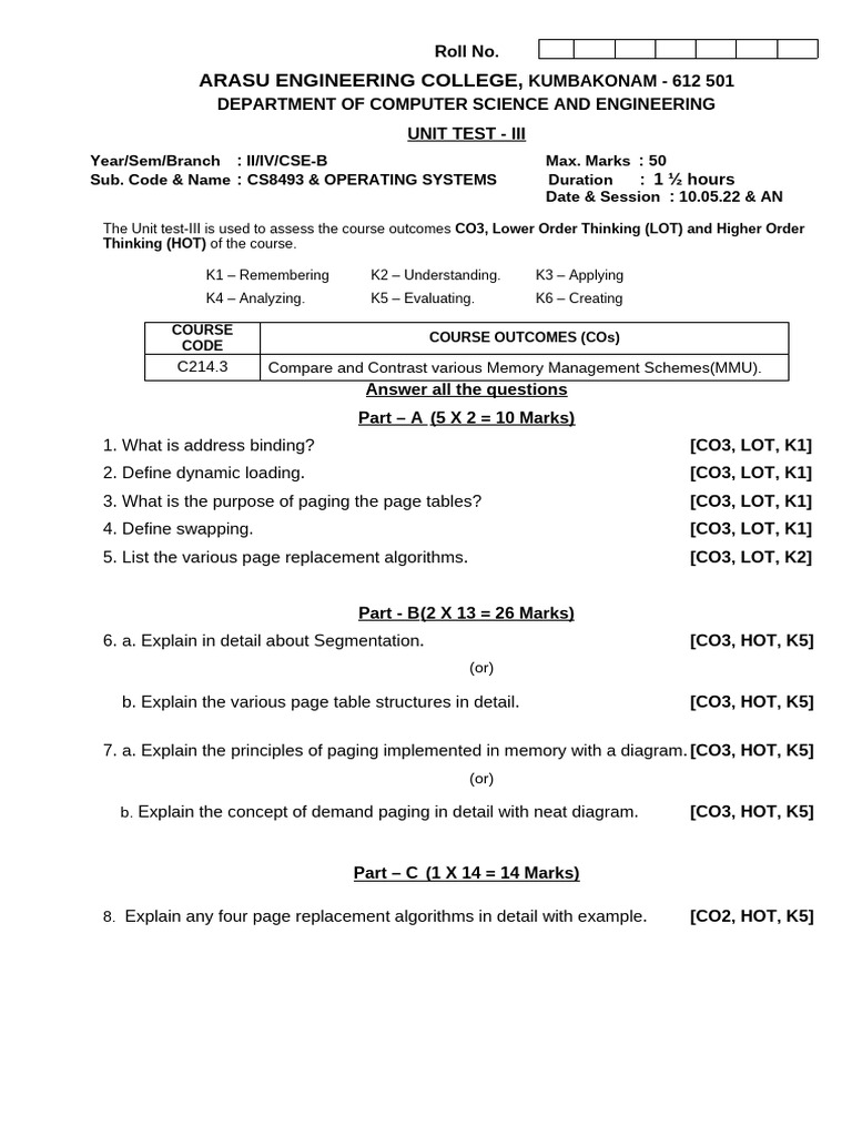 Unit Test-3 OS Question Paper | PDF