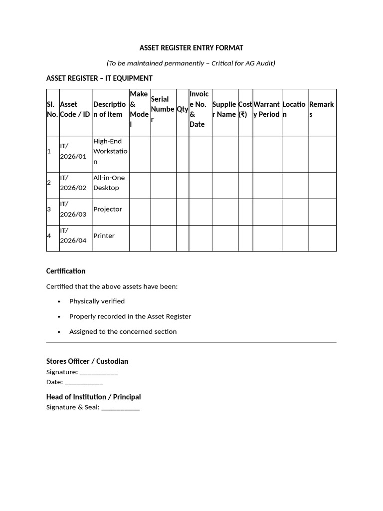 Asset Register Entry Format | PDF