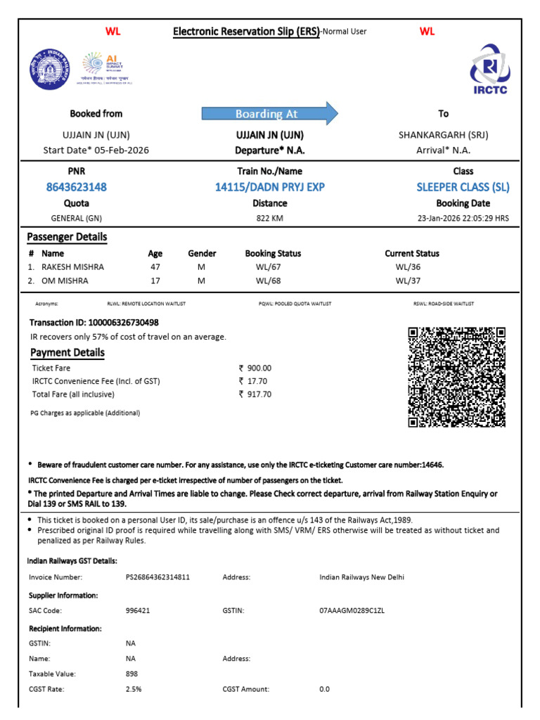 14115/dadn Pryj Exp Sleeper Class (SL) : WL WL | PDF