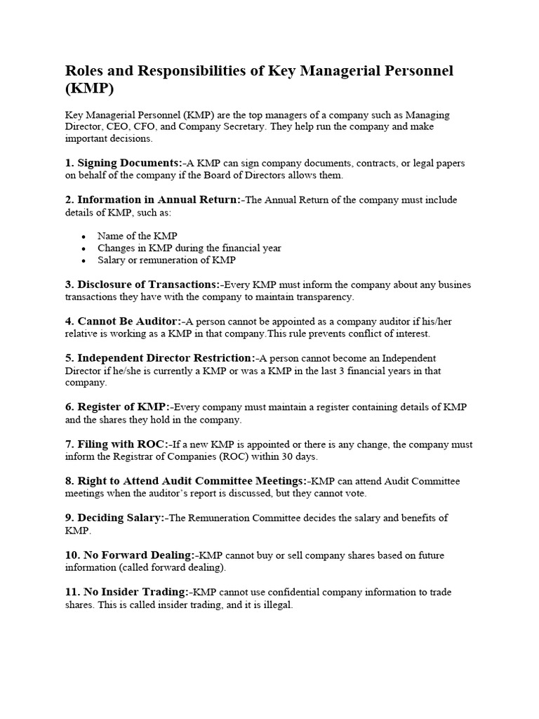Roles and Responsibilities of Key Managerial Personnel (KMP) | PDF