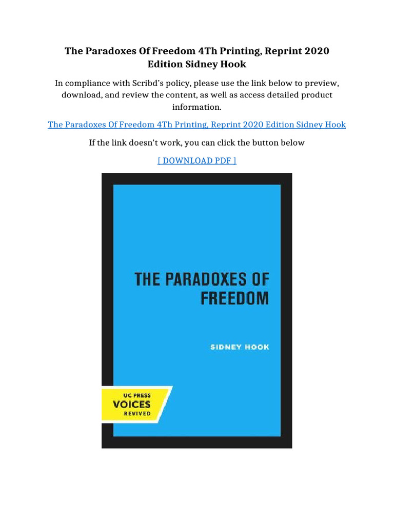 The Paradoxes of Freedom 4th printing, Reprint 2020 Edition Sidney Hook ...
