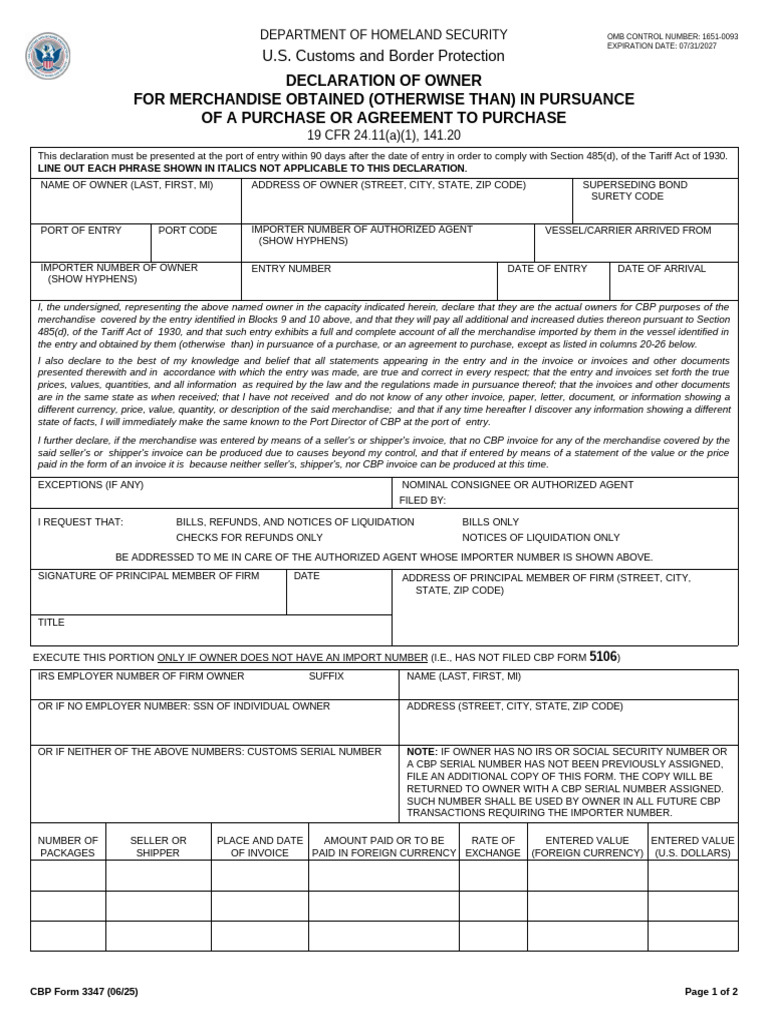 Cbp Form 3347 | PDF | U.S. Customs And Border Protection | Invoice