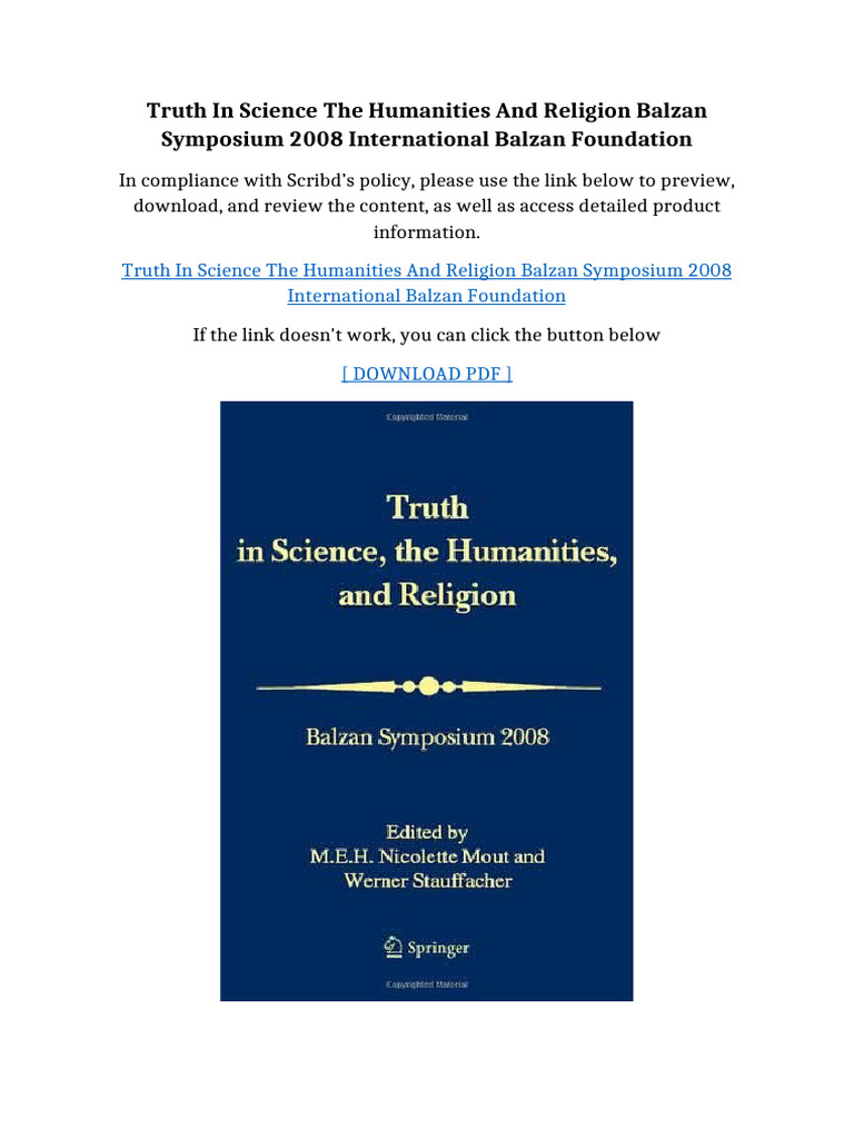 Truth In Science The Humanities And Religion Balzan Symposium 2008 ...