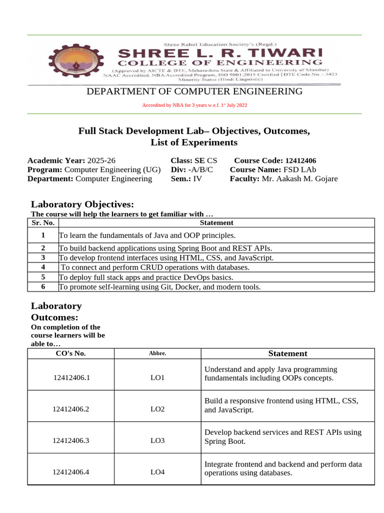 FSD Lab Plan List0fExperiements | PDF | Java (Programming Language ...