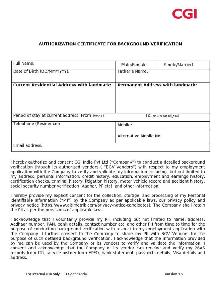 New BGV Authorization Form 1 | PDF | Justice | Crime & Violence