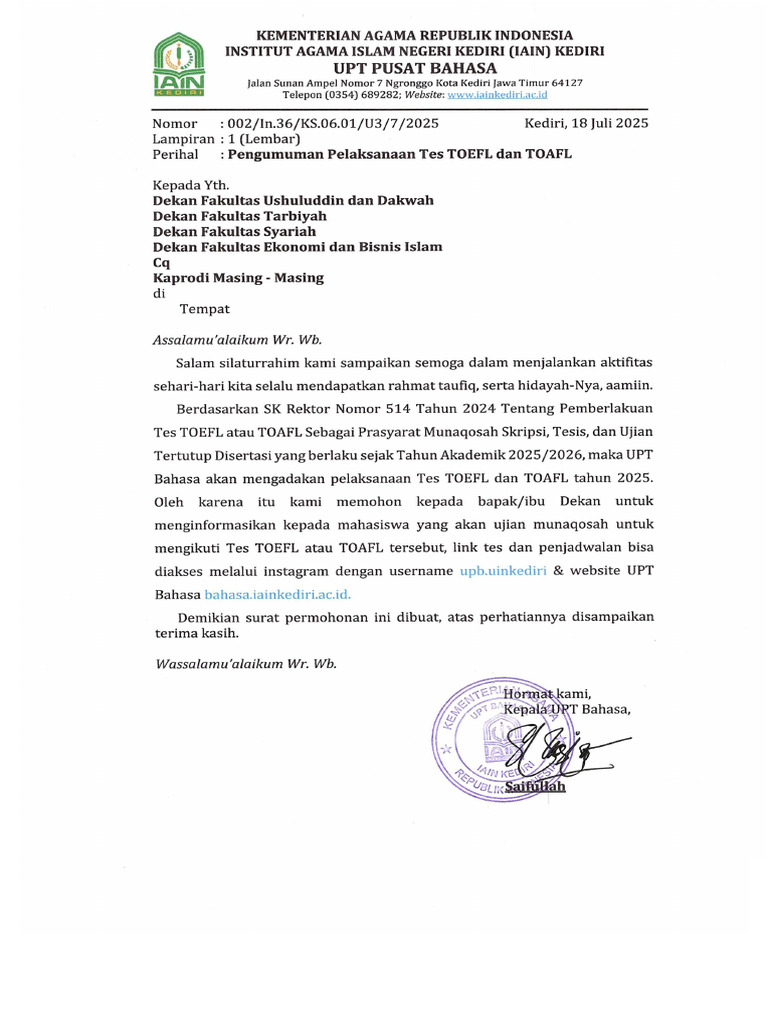 002.pengumuman Pelaksanaan Tes TOEFL Dan TOAFL | PDF