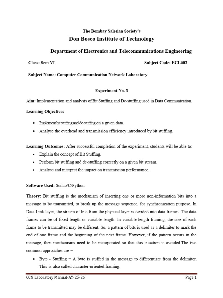 Experiment-3 - Bit Stuffing | PDF | Bit | Telecommunications