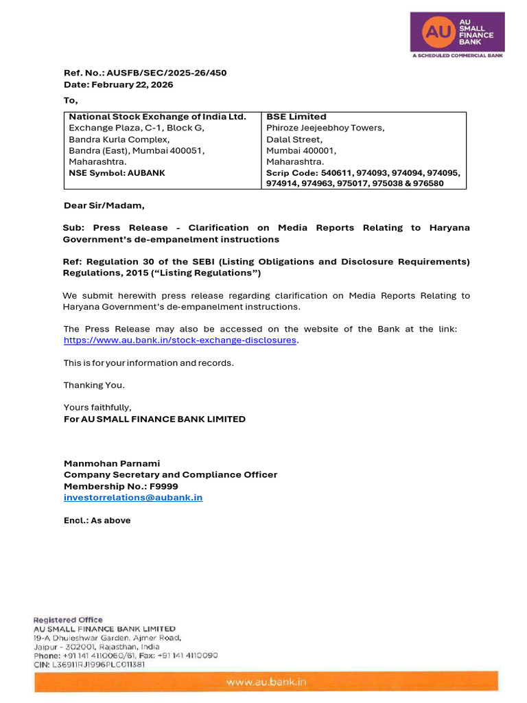 Press Release - Clarification on Media Reports Relating to Haryana ...