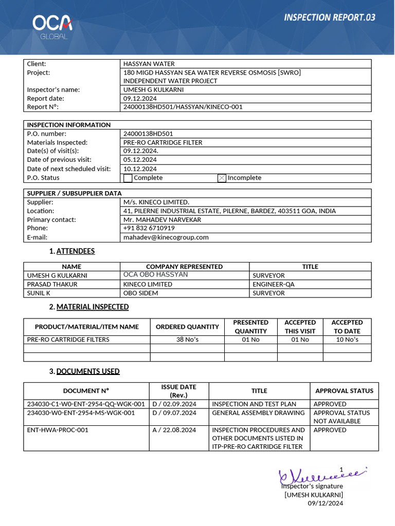 OCA Inspection Report Template | PDF