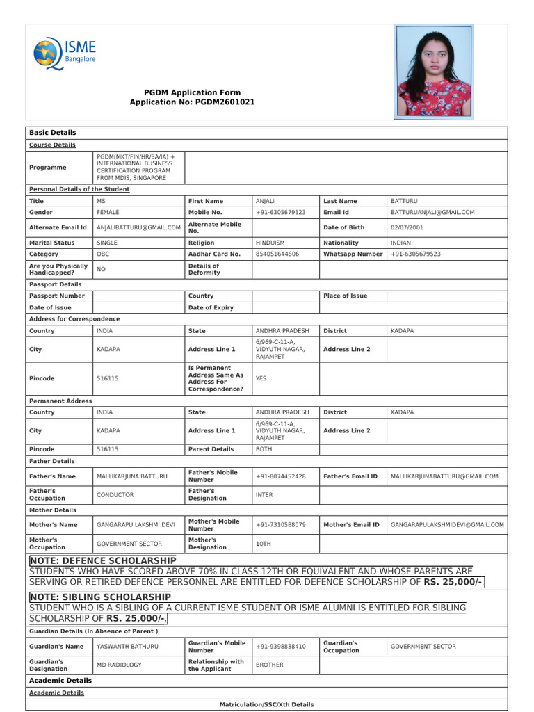 Application Form PGDM2601021 | PDF | Educational Stages