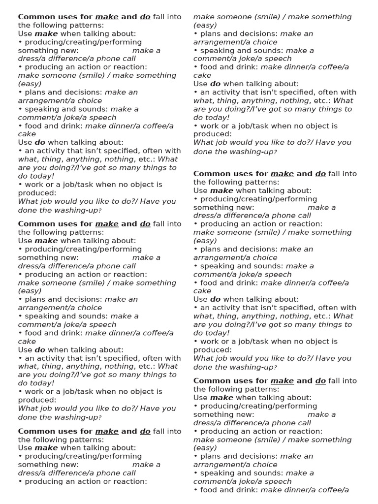 Unit 2 Common Uses for MAKE,Do Handouts | PDF