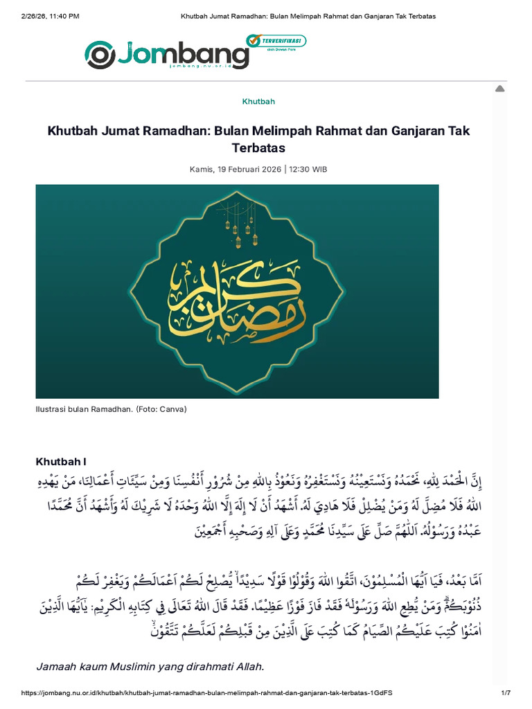 Khutbah Jumat Ramadhan - Bulan Melimpah Rahmat Dan Ganjaran Tak ...